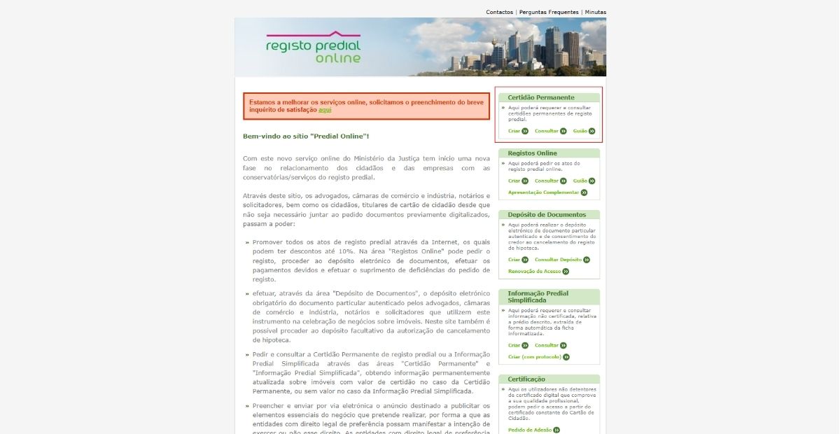 Aceda ao site Predial Online e no menu lateral direito selecione “Criar” na área que refere “Certidão Permanente”. O link dá entrada no Registo Predial Online.