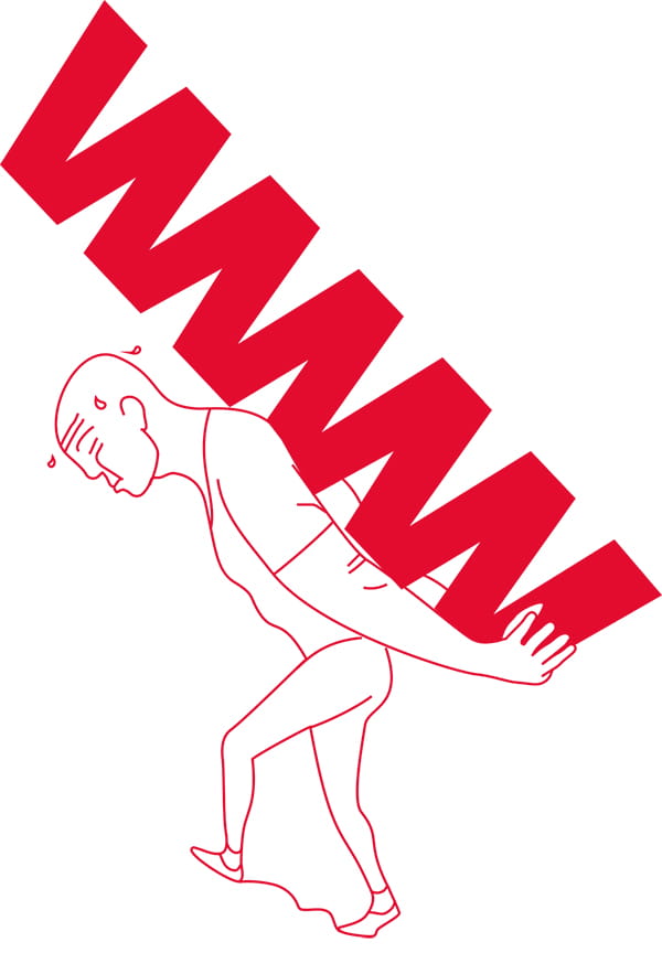 Ilustração de uma pessoa a carregar o peso da palavra “WWW”, cenário associado a erro 404 no website.