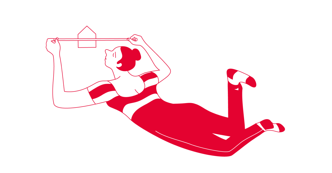 Ilustração de uma pessoa deitada a segurar uma barra com um ícone de casa como peso, cenário associado ao esforço financeiro necessário para comprar habitação.